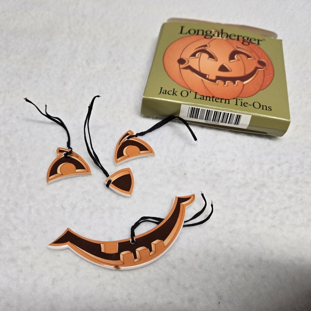 Longaberger Jack O Lantern Tie-Ons 30096 Ceramic Halloween Basket Charms Set Box